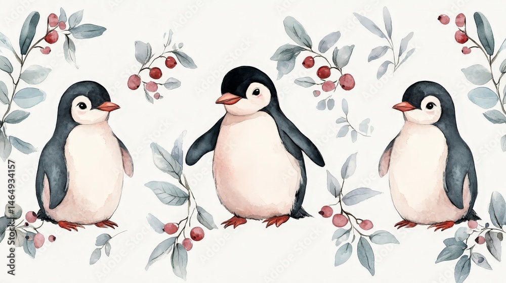 Fototapeta premium Whimsical watercolor pattern featuring penguins, berries, and leaves