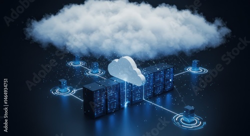 Cloud computing concept with servers connected to a cloud network illustration.