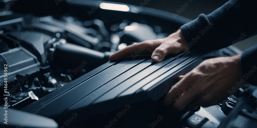 Obraz premium Close-up of hands removing dark gray car part, showcasing automotive maintenance or repair concept