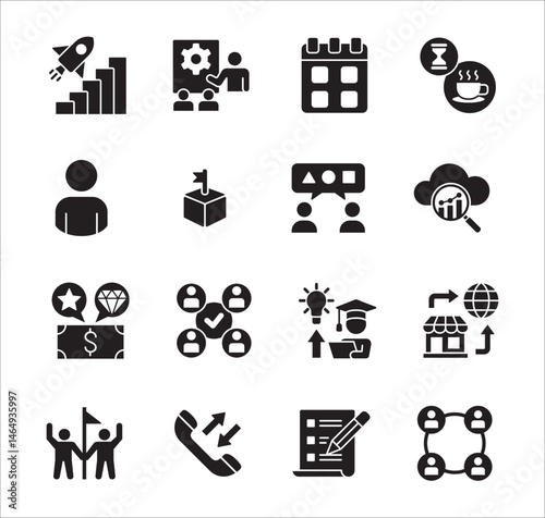 Business management flat icon set. Contains icon of businessman, target, accounting, finance, profit, success, data, customer service, work, store, shop, meeting, education, idea. Vector illustration