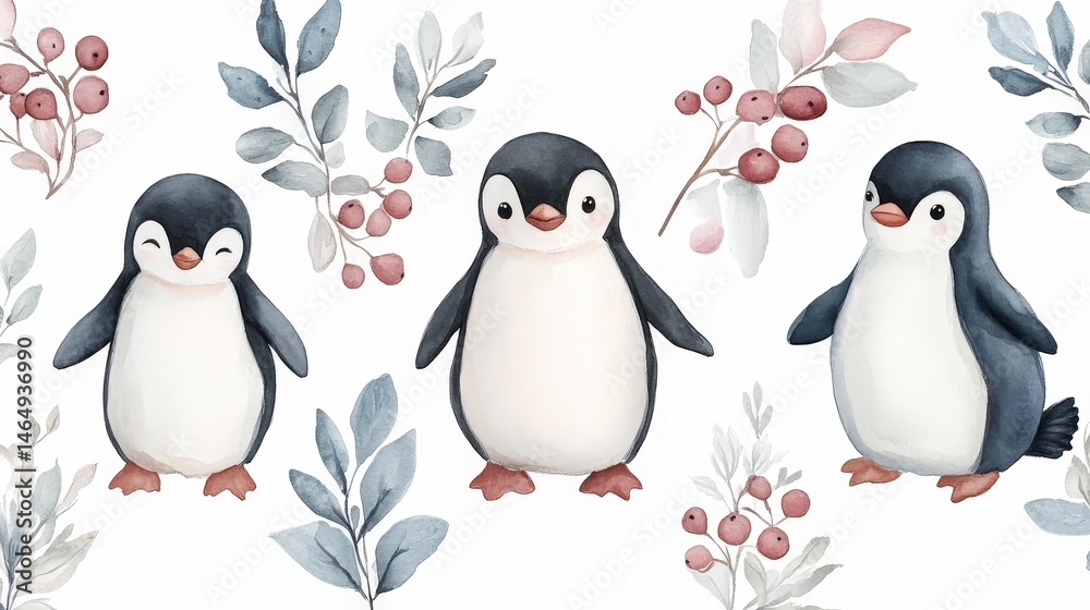 Naklejka premium Whimsical watercolor pattern featuring penguins, berries, and leaves