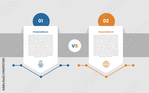 2 stage infographic diagram opposite comparison with creative badge container with circle on top with two step for slide presentation