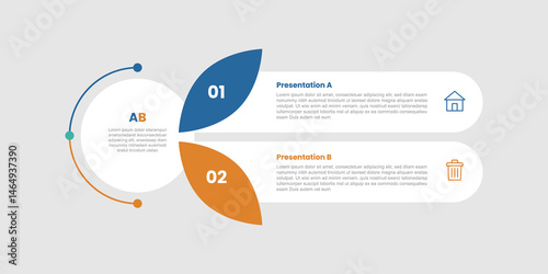2 stage infographic diagram opposite comparison with big circle with small leaf on round rectangle with two step for slide presentation