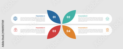 4 stage infographic diagram with round box container with leaf on edge with matrix structure balance with 4 step for slide presentation