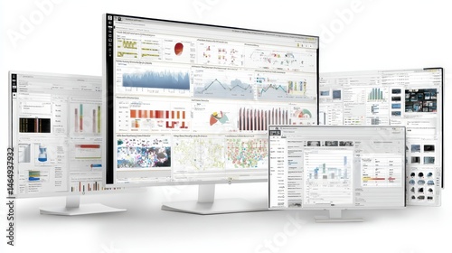 Multiple computer monitors displaying various data visualizations.