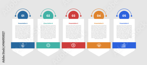 5 stage infographic diagram with arrow badge, container with circle on top with 5 step for slide presentation