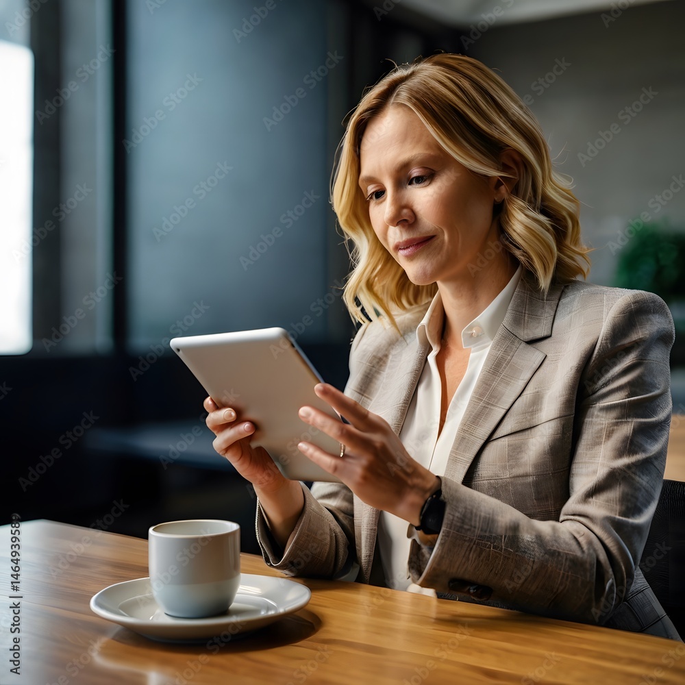 Business woman using a tablet during a team. Happy and successful woman sitting at desk with tablet computer. Business woman using a tablet during a team. Happy and successful woman sitting at desk with tablet computer.