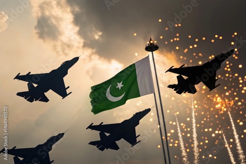 Military aircraft soar over the Pakistan flag amid rising tensions and conflict with India