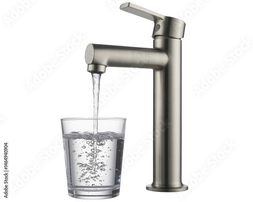 A modern faucet filling a clear glass with water against a stark black studio background perfectly centered