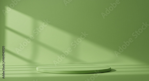 Empty Sage Green Display  for Product Presentation. Abstract green studio room with light and shadow from window background for product display presentation. 