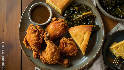 Hearty fried chicken meal with golden crust and soulful side dishes. photo