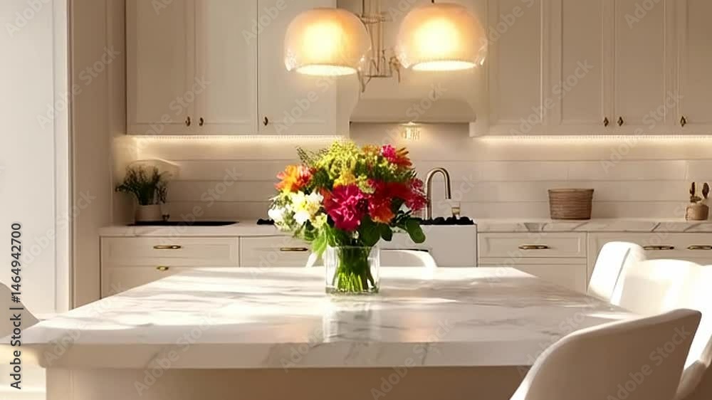 Close Up Of A Colorful Flowers Arrangement In A Glass Vase On A White Marble Kitchen Table Against White Kitchen Cabinets Under Warm Lighting For Home Decor And Interior Design Close Up Of A Colorful Flowers Arrangement In A Glass Vase On A White Marble Kitchen Table Against White Kitchen Cabinets Under Warm Lighting For Home Decor And Interior Design