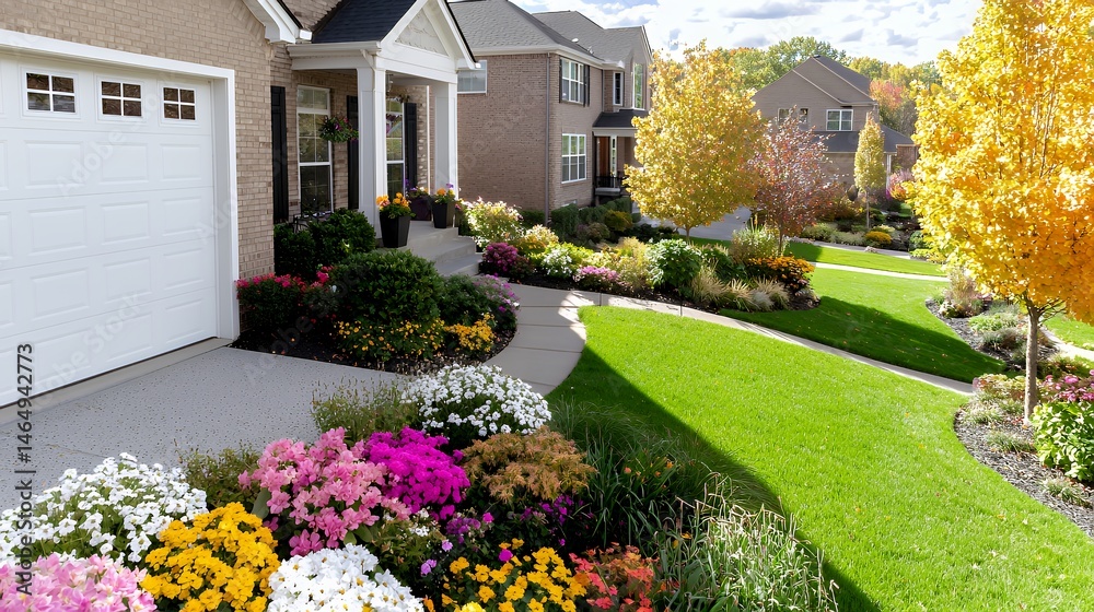 Fototapeta premium Beautiful Landscaped Homes with Colorful Flower Beds and Lush Green Lawns