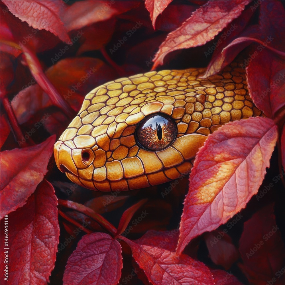 Fototapeta premium Snake in Red Leaves Portrait