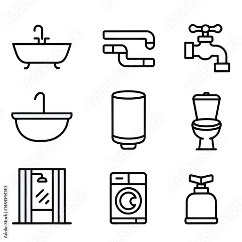 Minimalist Line Art Icons of Plumbing and Bathroom Utilities – Vector Set