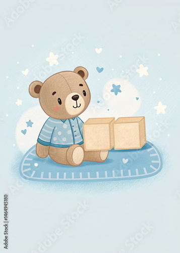 Adorable Teddy Bear Holding Wooden Blocks on a Starry Background