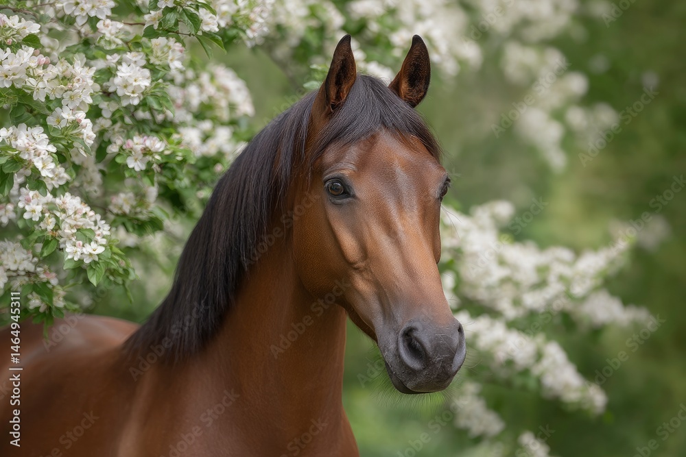Fototapeta premium Elegant Chestnut Horse Amidst Spring Blossoms: Serene Equestrian Portrait