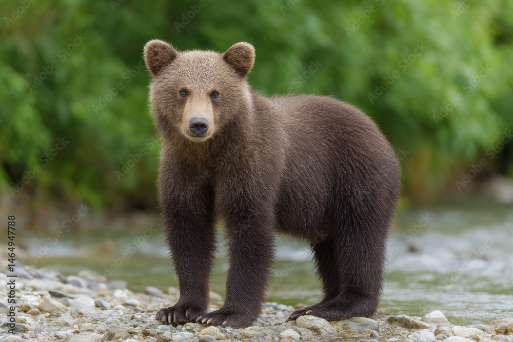 Fototapeta premium Young Brown Bear Cub: Serene Riverbank Portrait