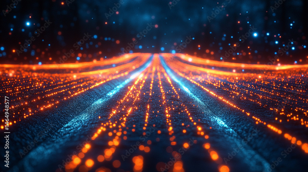 Fototapeta premium Digital cyberspace with glowing cross lines in a futuristic 3D rendering. Symbolizes data flow, connectivity, and advanced technology in a high-energy, vertical tech-inspired virtual environment.