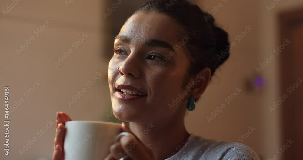 Happy, smile and woman with coffee in home for caffeine break, resting and warm beverage. Morning, house and person relax with latte, tea or espresso for calm, peace and satisfaction in living room