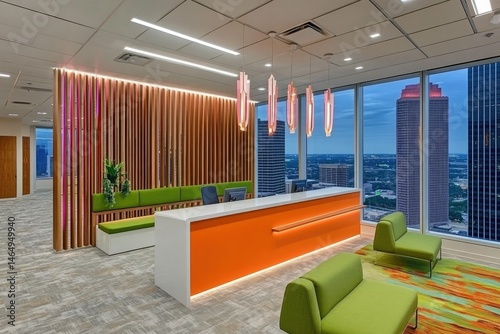 Modern reception area with city view.  Features light wood paneling, vibrant orange accents, comfortable seating, and floor-to-ceiling windows overlooking a cityscape