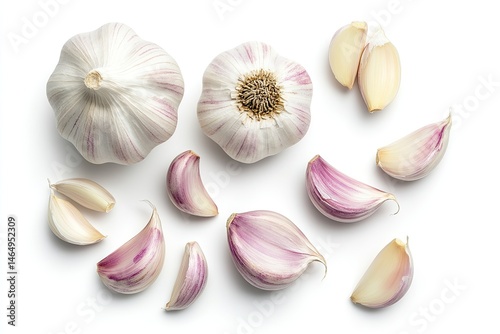 Fresh garlic bulbs and cloves arranged on a white background