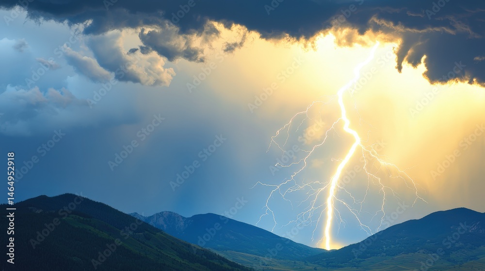 Fototapeta premium A powerful lightning bolt brightly illuminates a distant mountain range beneath dramatic stormy clouds at dusk.