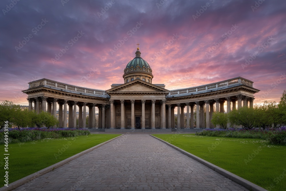 Naklejka premium Classical Church at Sunset: Majestic Columns and Serene Sky
