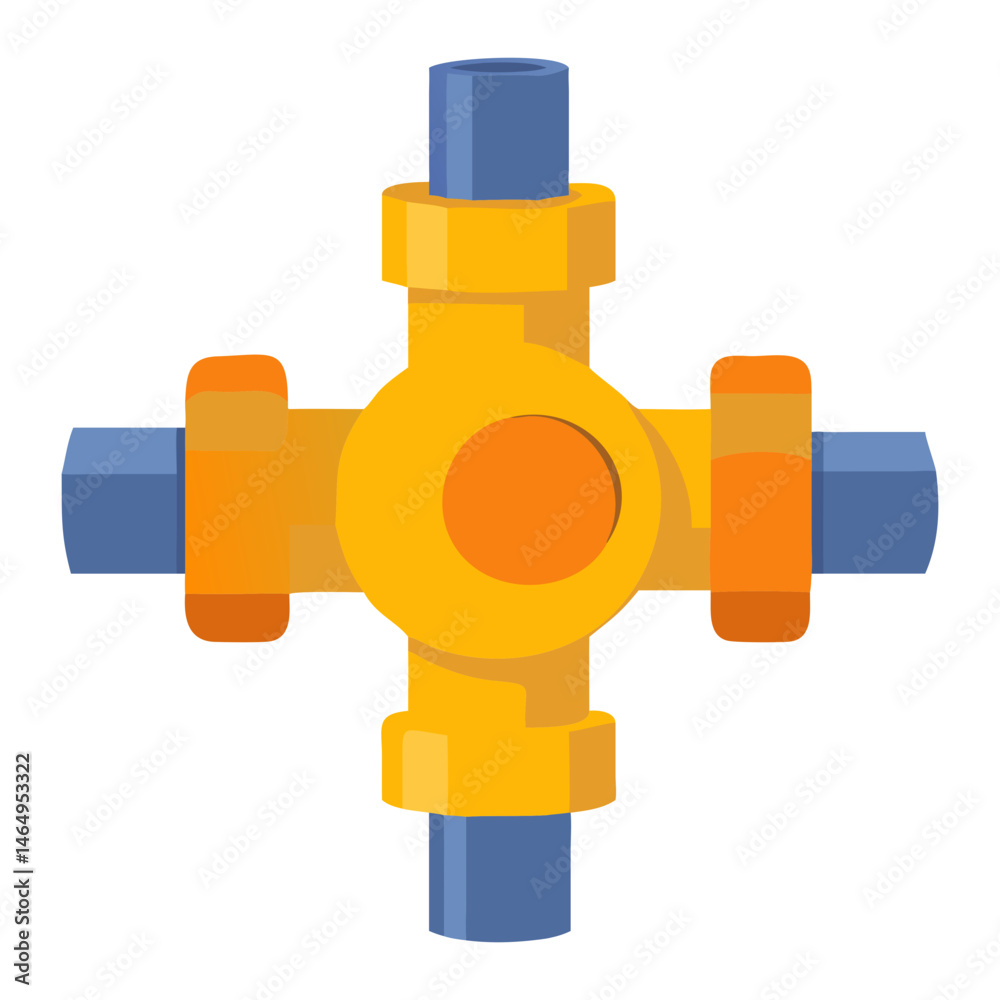 Fototapeta premium Colorful Four Way Pipe Connector ,Plumbing, Industrial Fitting, Cross Junction Icon in Flat Style
