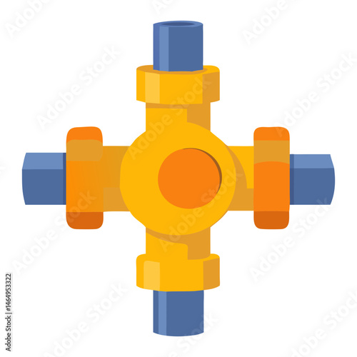  Colorful Four Way Pipe Connector ,Plumbing, Industrial Fitting, Cross Junction Icon in Flat Style