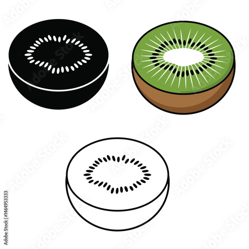 Kiwi Fruit Vector Illustration silhouettes, coloring page, outline with Slice – Color Line Drawing, kiwi fruit whole, piece and brunch, Fresh and juicy kiwi fruit set