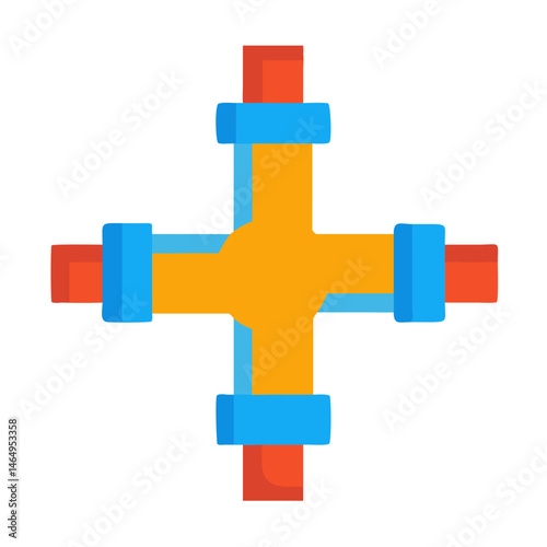  Colorful Four Way Pipe Connector ,Plumbing, Industrial Fitting, Cross Junction Icon in Flat Style