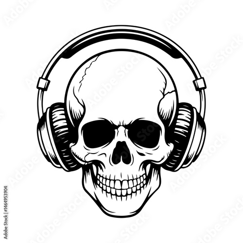 Illustration of skull with headphones. Music skull. Design element for logo, label, design. Vector illustration