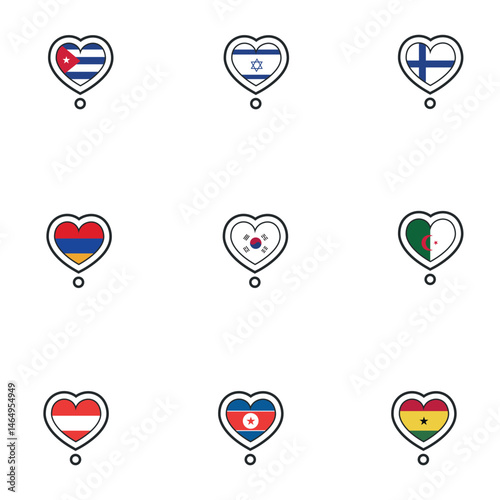 Set of flags on heart shape. Vector
