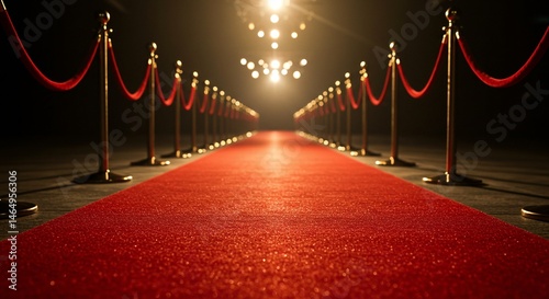 A vibrant red carpet with elegant ropes guides to illuminated destiny. The glow of possibilities beckons on this path to celebration.