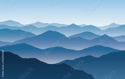 Vector landscape with blue silhouettes of mountains and blue sky.