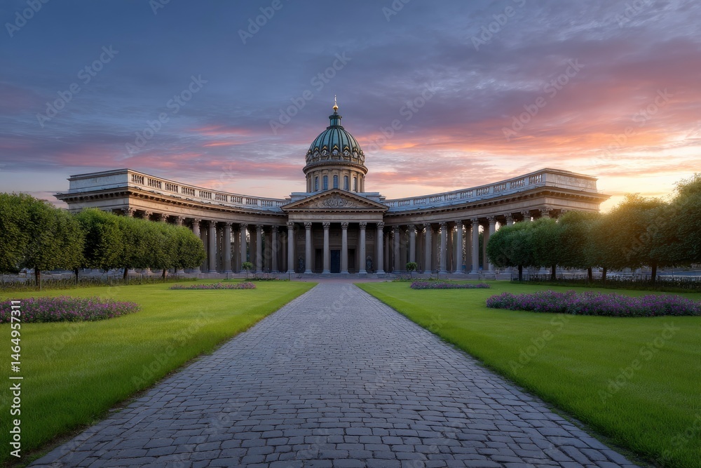 Obraz premium Kazan Cathedral: Serene Sunset, Classic Architecture, Scenic Pathway