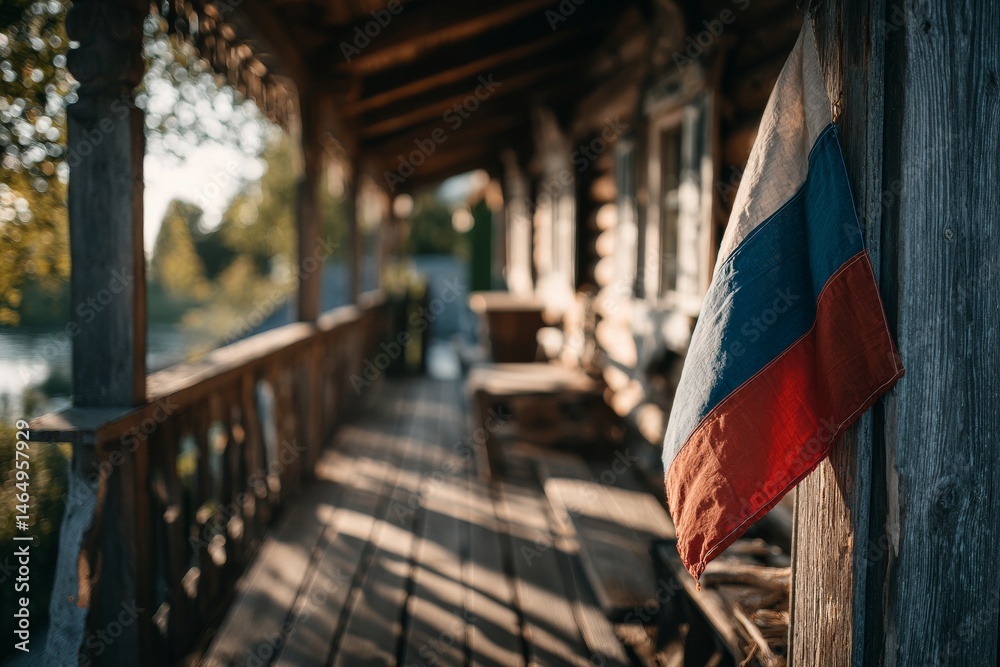 Obraz premium Traditional wooden building featuring a Russian flag, showcasing rustic architecture during golden hour in a serene setting