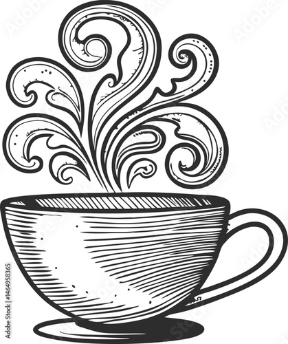 Engraved coffee cup with swirling steam forming floral or abstract patterns in vintage artisanal line art style

