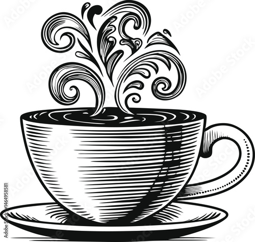 Engraved coffee cup with swirling steam forming floral or abstract patterns in vintage artisanal line art style

