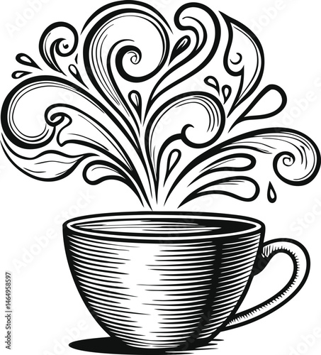 Engraved coffee cup with swirling steam forming floral or abstract patterns in vintage artisanal line art style

