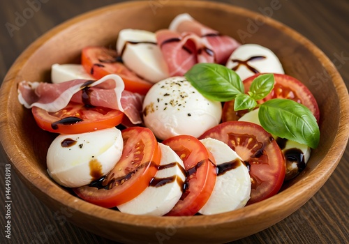 A wooden bowl filled with caprese salad featuring tomatoes mozzarella prosciutto and basil garnish