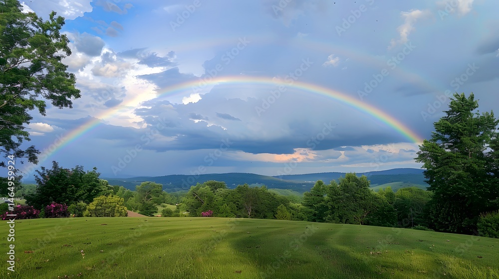 Obraz premium Rainbow After the Rain: A beautiful sky showcasing a vibrant rainbow arching over a landscape after a rain shower.