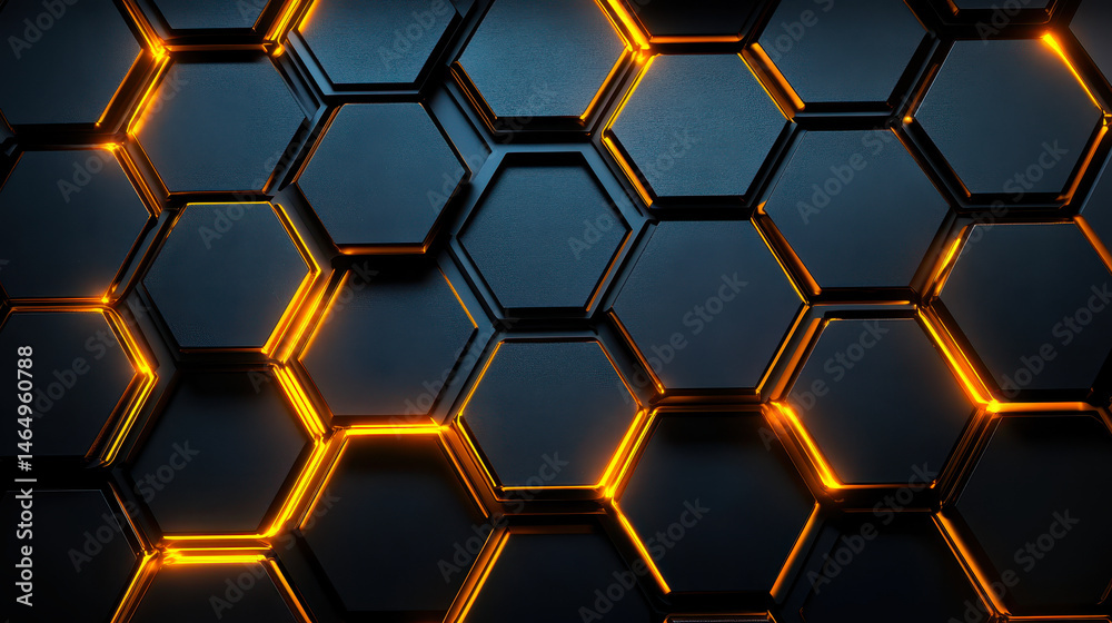 Luxury Hexagonal Abstract Black Metal Background with Golden Light Lines - Dark 3D Geometric Texture Illustration Featuring Bright Grid Pattern for Modern Technology and Elegant Design Concepts