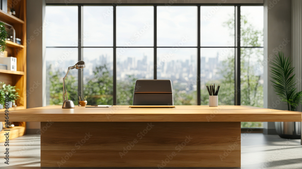 Modern Wooden Desk in Bright Office with Panoramic City View Windows Daytime