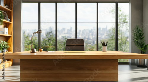Obraz na płótnie Modern Wooden Desk in Bright Office with Panoramic City View Windows Daytime w salonie