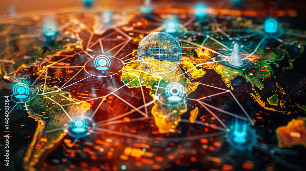 Global Social Media Network Concept on Digital Map, Illuminated Connections Across Continents, Technology and Communication, Internet Connectivity at Night, Globalization, Digital Communication
