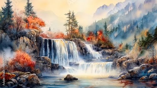 Serene Waterfall in Autumn Forest, Watercolor Painting, Tranquil Nature Landscape, Misty Mountains, Flowing Water, Peaceful Scenery, Inspirational Art