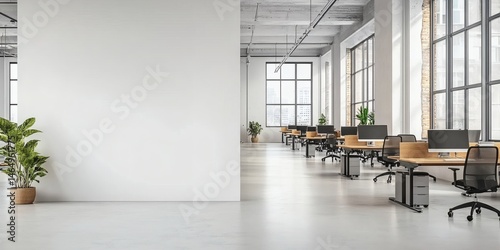 Fototapeta Naklejka Na Ścianę i Meble -  Minimalist office interior with blank wall for poster mockup and bright open workspace with modern furniture and large windows for natural light. 3D Rendering,
