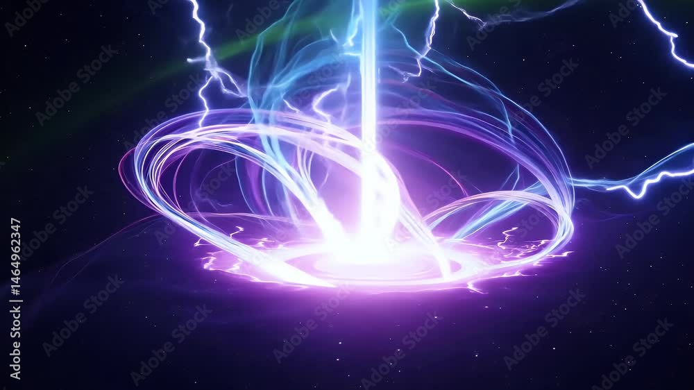 Vivid neon vortex emitting light beams in outer space